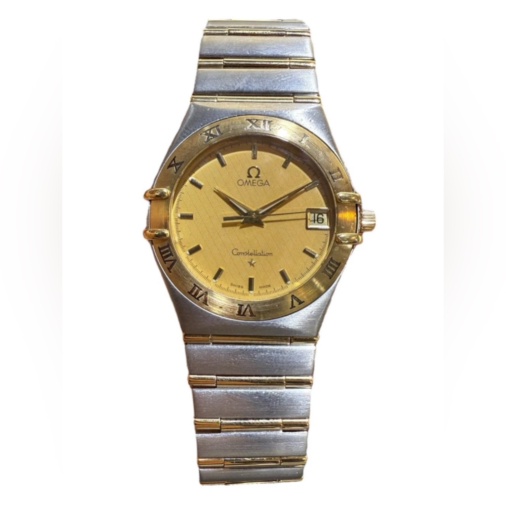 Omega Constellation Two Tone 34mm Mens Watch Rare Quilted Stick Dial Full Links